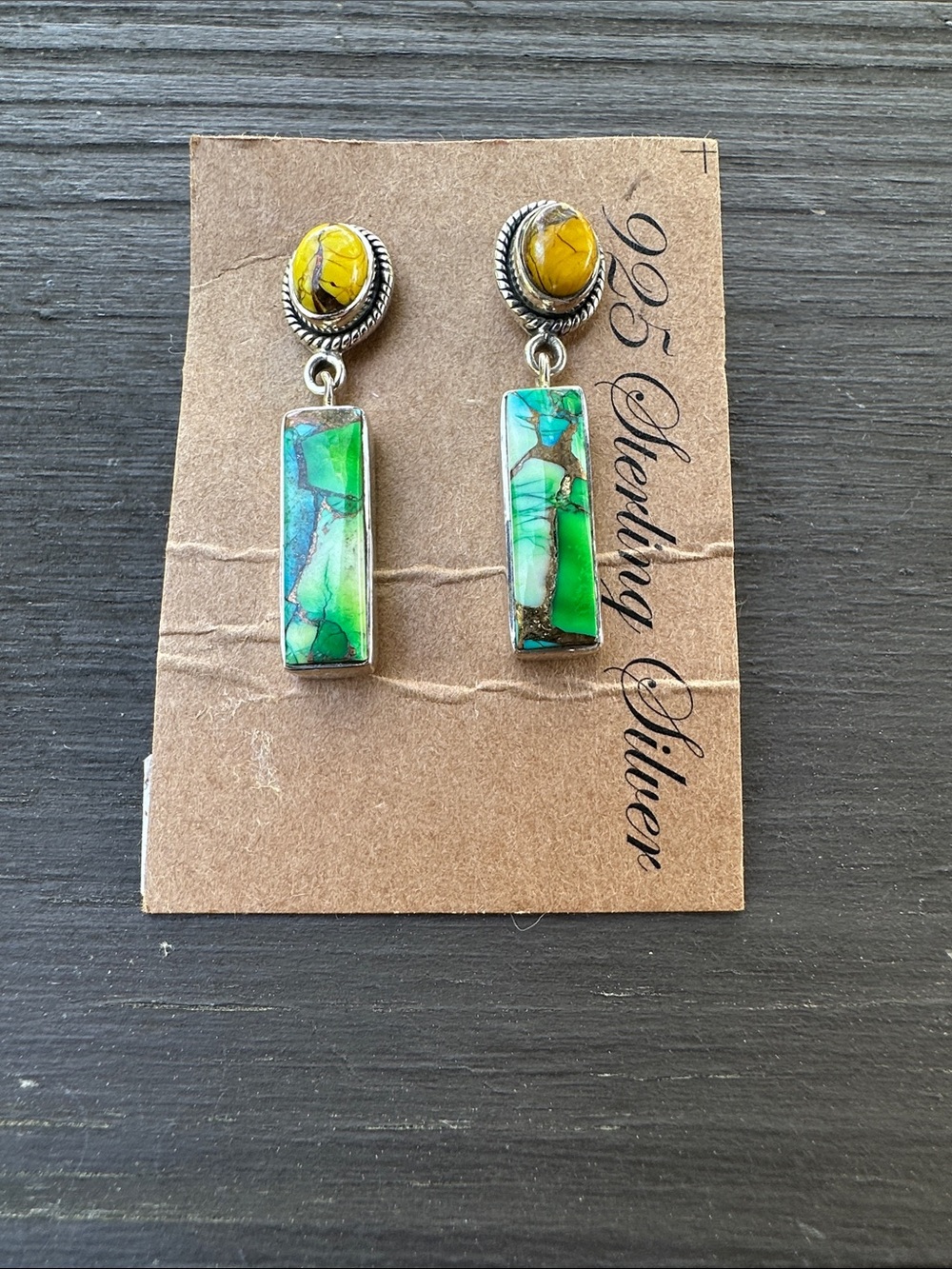 Southwestern Honey & Green Dahlia Turquoise 925 Sterling Silver Dangle Earrings